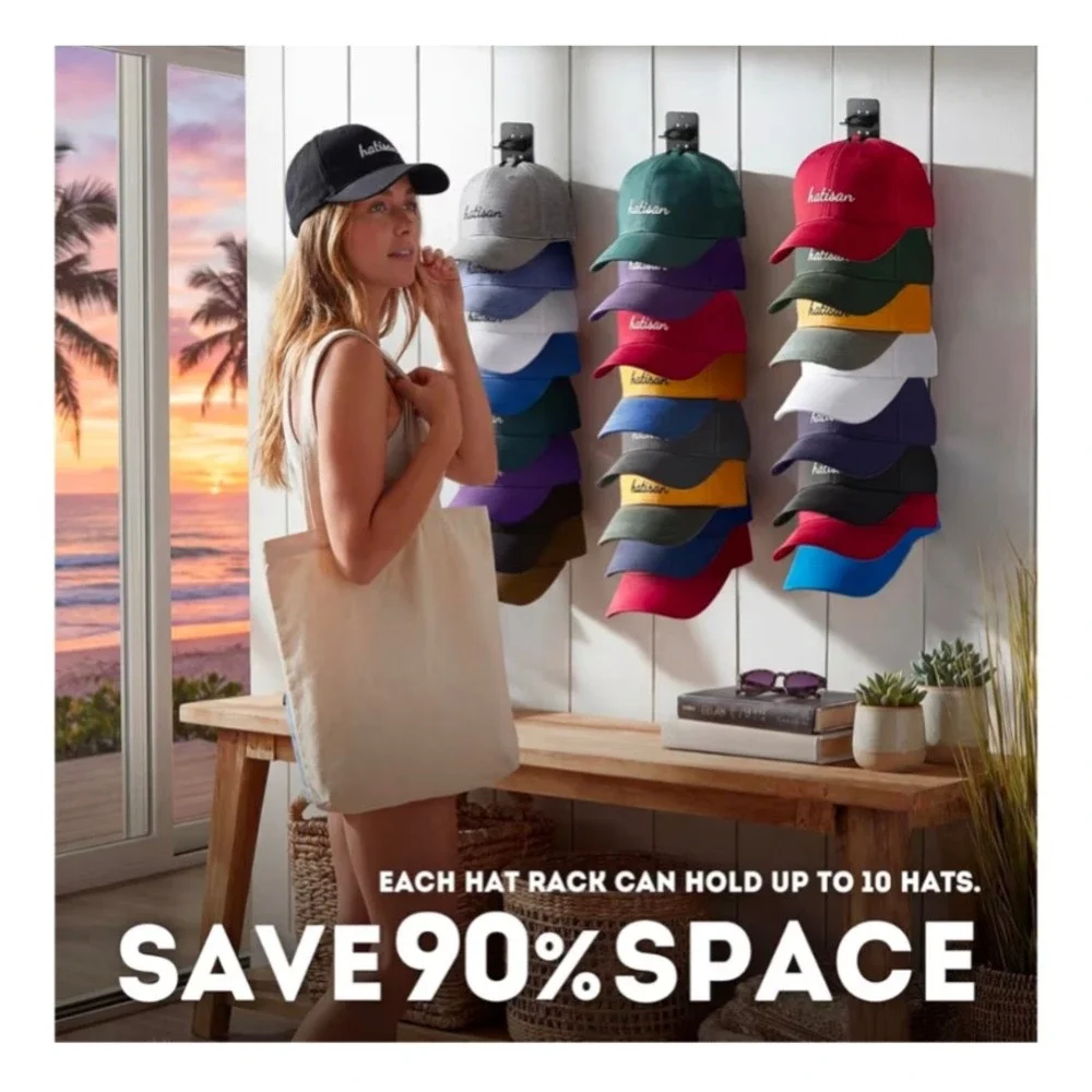 Hatisan Hat Rack for Wall 2-Pack Baseball Cap Organizer Black Adhesive Mount‎